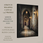 Candlelit Stone Hallway Wall Art, Gothic Corridor Print, Dark Academia Printed Artwork