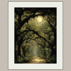 Moonlit Oak Tree Forest Wall Art Print, Woodland Path, Moody Dark Academia Artwork