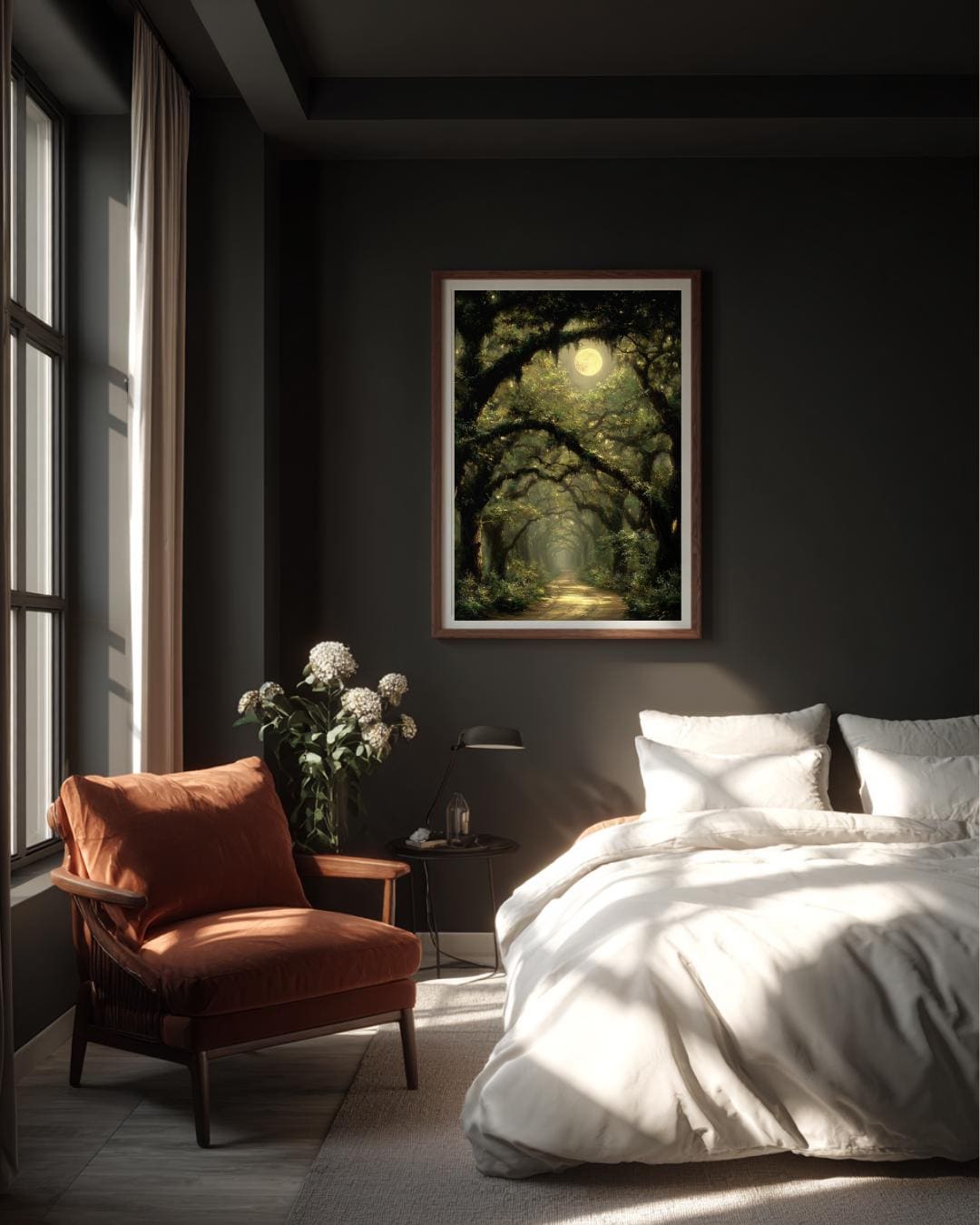 Moonlit Oak Tree Forest Wall Art Print, Woodland Path, Moody Dark Academia Artwork