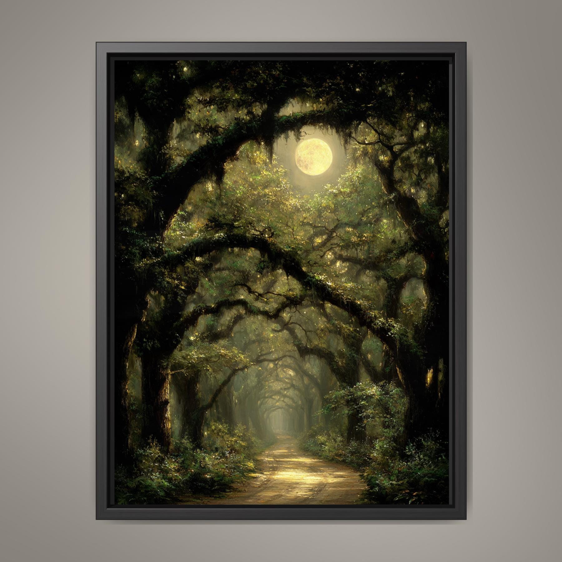 Moonlit Oak Tree Forest Wall Art Print, Woodland Path, Moody Dark Academia Artwork Main image