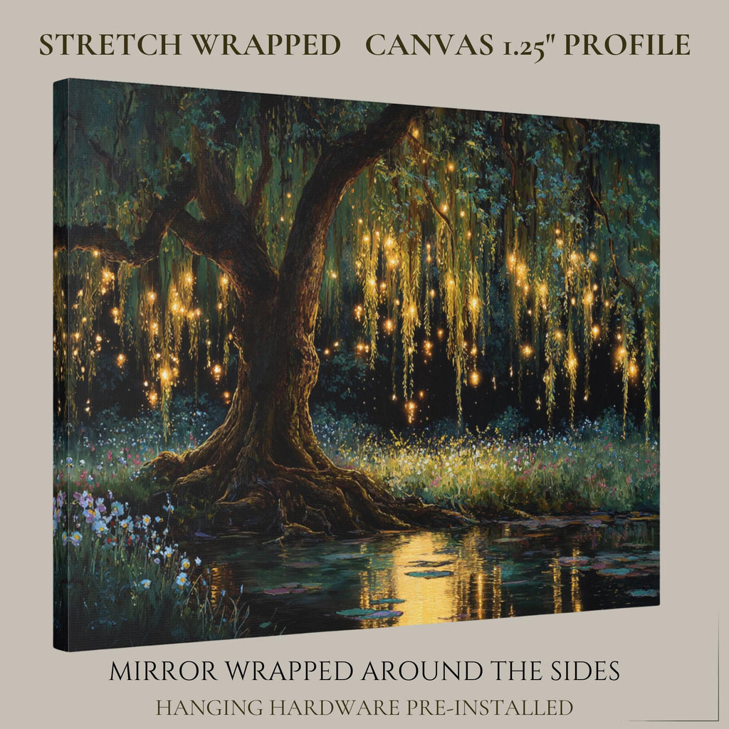 Firefly Forest Horizontal Art Print Golden Willow Tree Leaves Trailing, Enchanted Woodland Painting