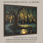 Firefly Forest Horizontal Art Print Golden Willow Tree Leaves Trailing, Enchanted Woodland Painting