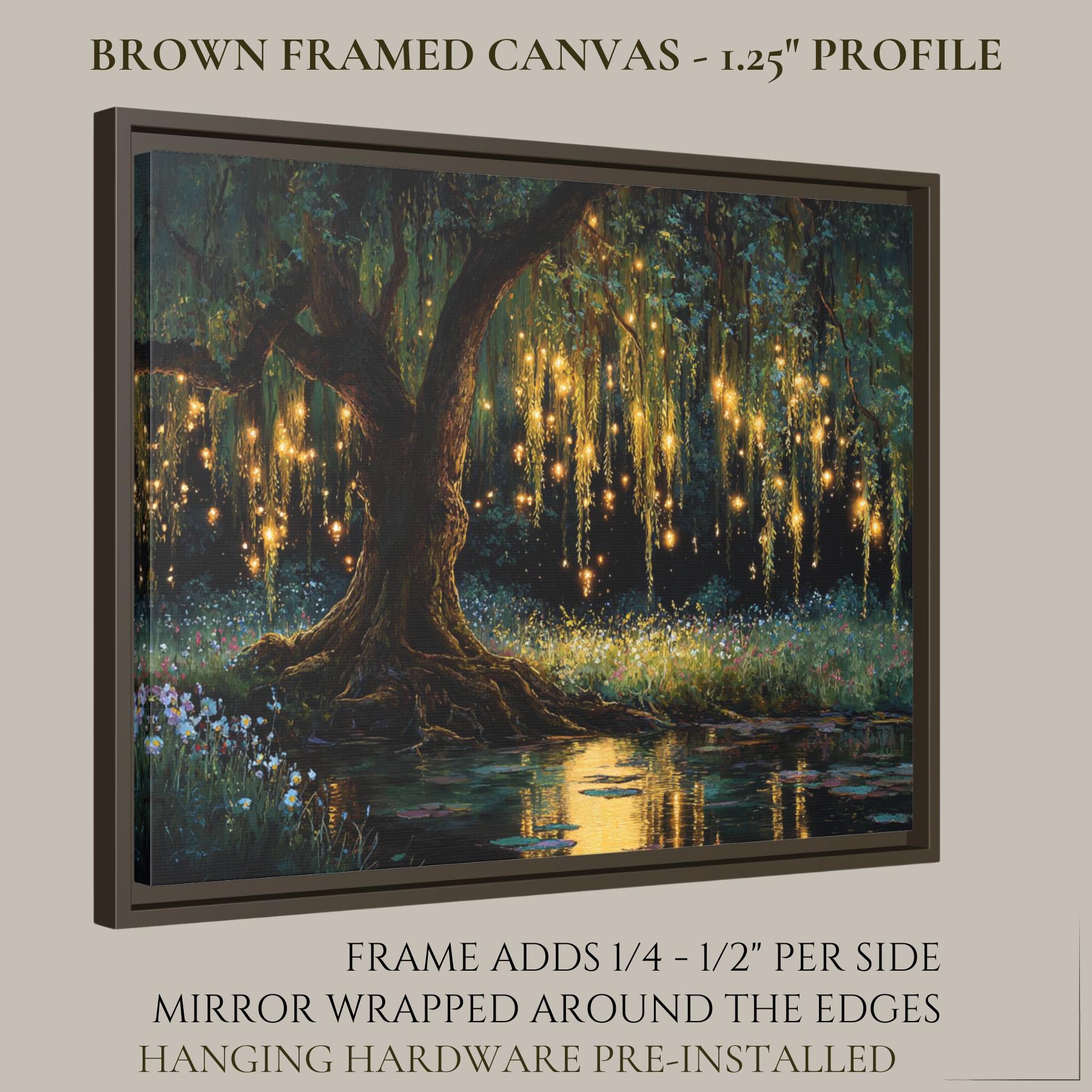 Firefly Forest Horizontal Art Print Golden Willow Tree Leaves Trailing, Enchanted Woodland Painting