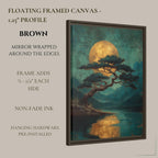 Japanese Golden Moon Wall Art Print, Teal Pine Tree Landscape, Moody Luxury Decor Artwork