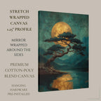 Japanese Golden Moon Wall Art Print, Teal Pine Tree Landscape, Moody Luxury Decor Artwork