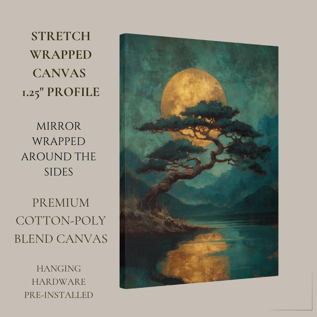 Japanese Golden Moon Wall Art Print, Teal Pine Tree Landscape, Moody Luxury Decor Artwork