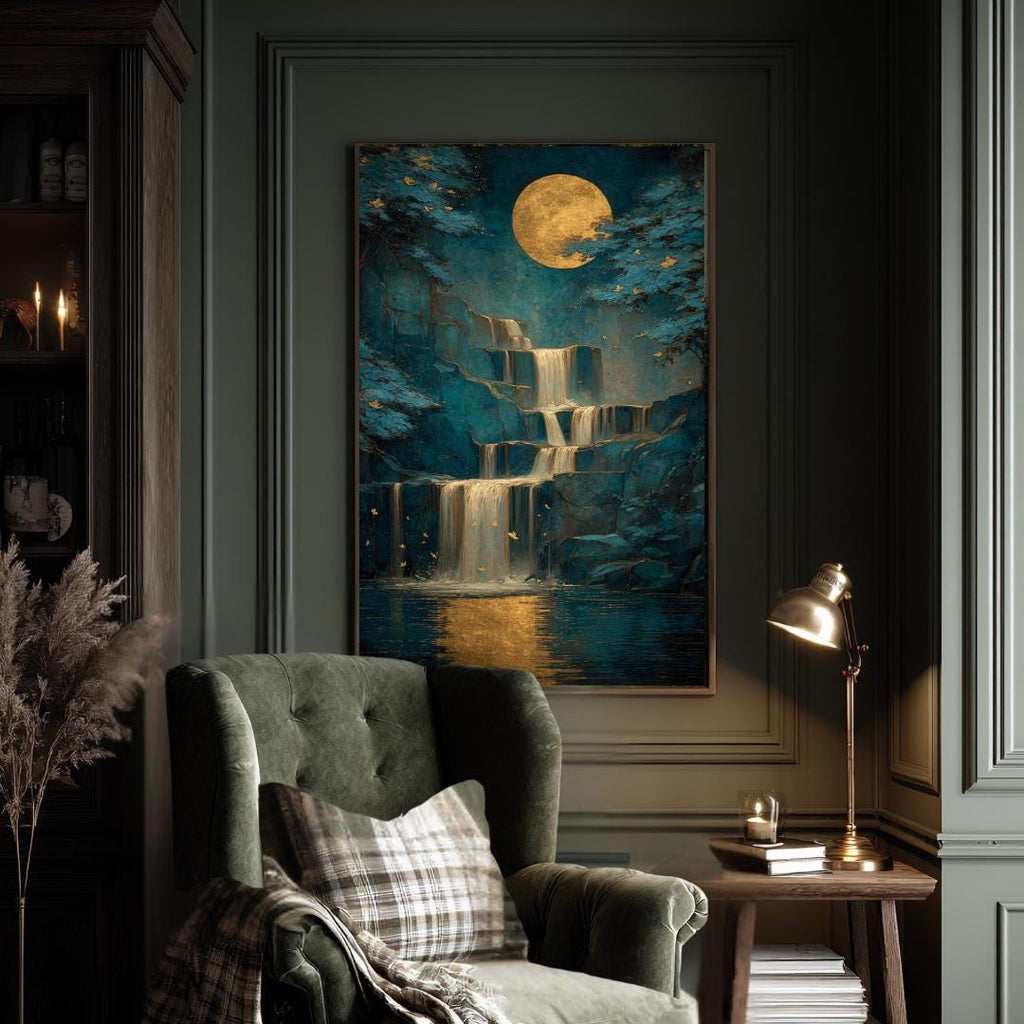 Teal Gold Moon Waterfall Wall Art, Moody Landscape Print, Luxury Dark Academia Decor Artwork