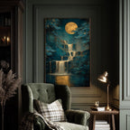 Teal Gold Moon Waterfall Wall Art, Moody Landscape Print, Luxury Dark Academia Decor Artwork