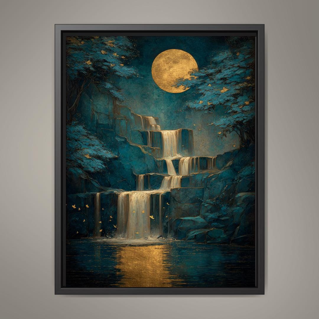 Teal Gold Moon Waterfall Wall Art, Moody Landscape Print, Luxury Dark Academia Decor Artwork Main image