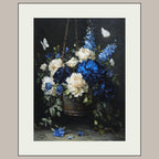 Blue and Cream Floral Hanging Basket Wall Art Print, Peonies Butterflies, Elegant Botanical Artwork