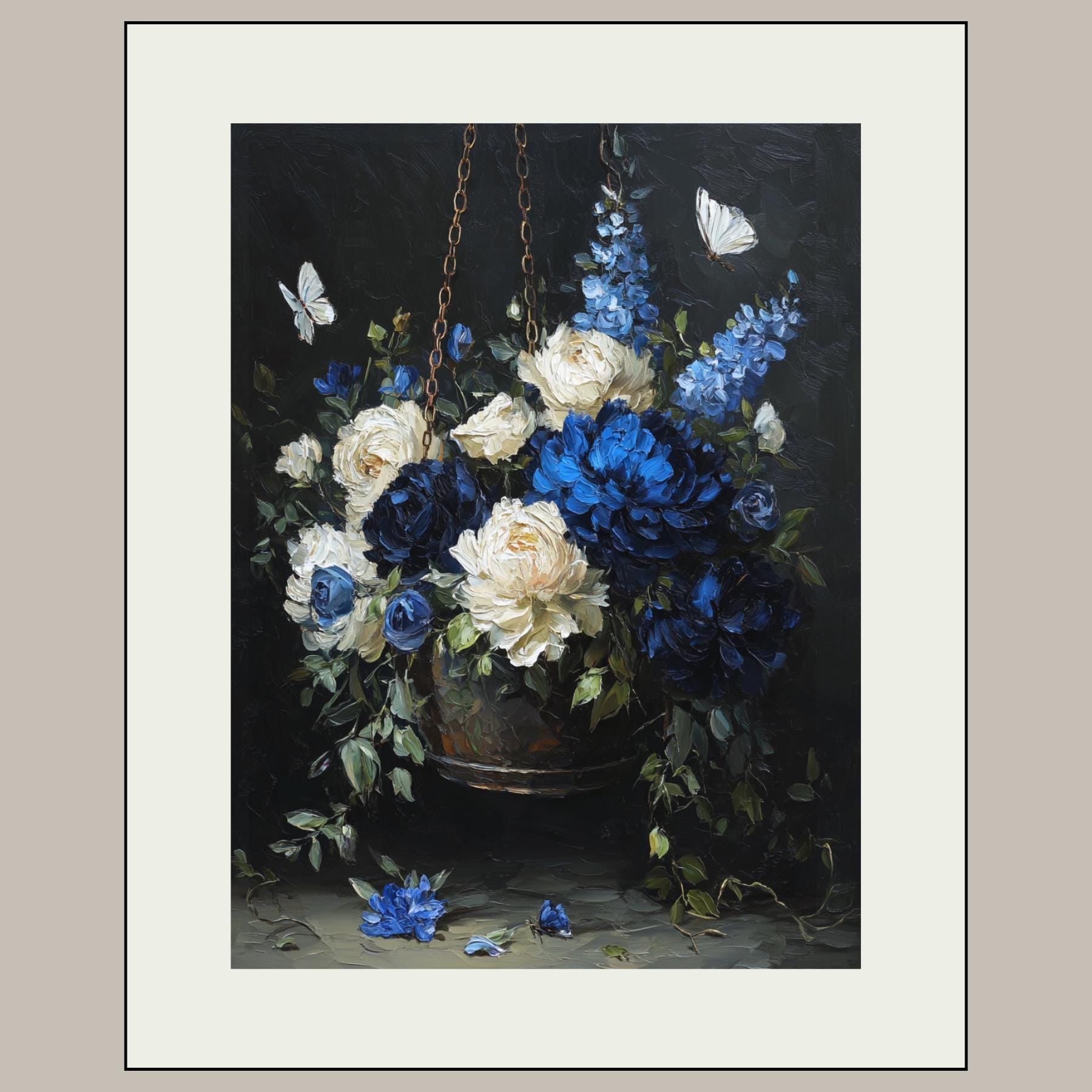 Blue and Cream Floral Hanging Basket Wall Art Print, Peonies Butterflies, Elegant Botanical Artwork