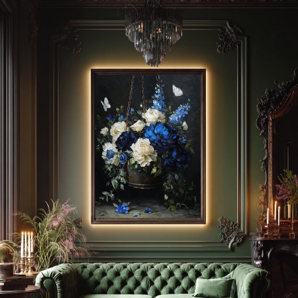 Blue and Cream Floral Hanging Basket Wall Art Print, Peonies Butterflies, Elegant Botanical Artwork