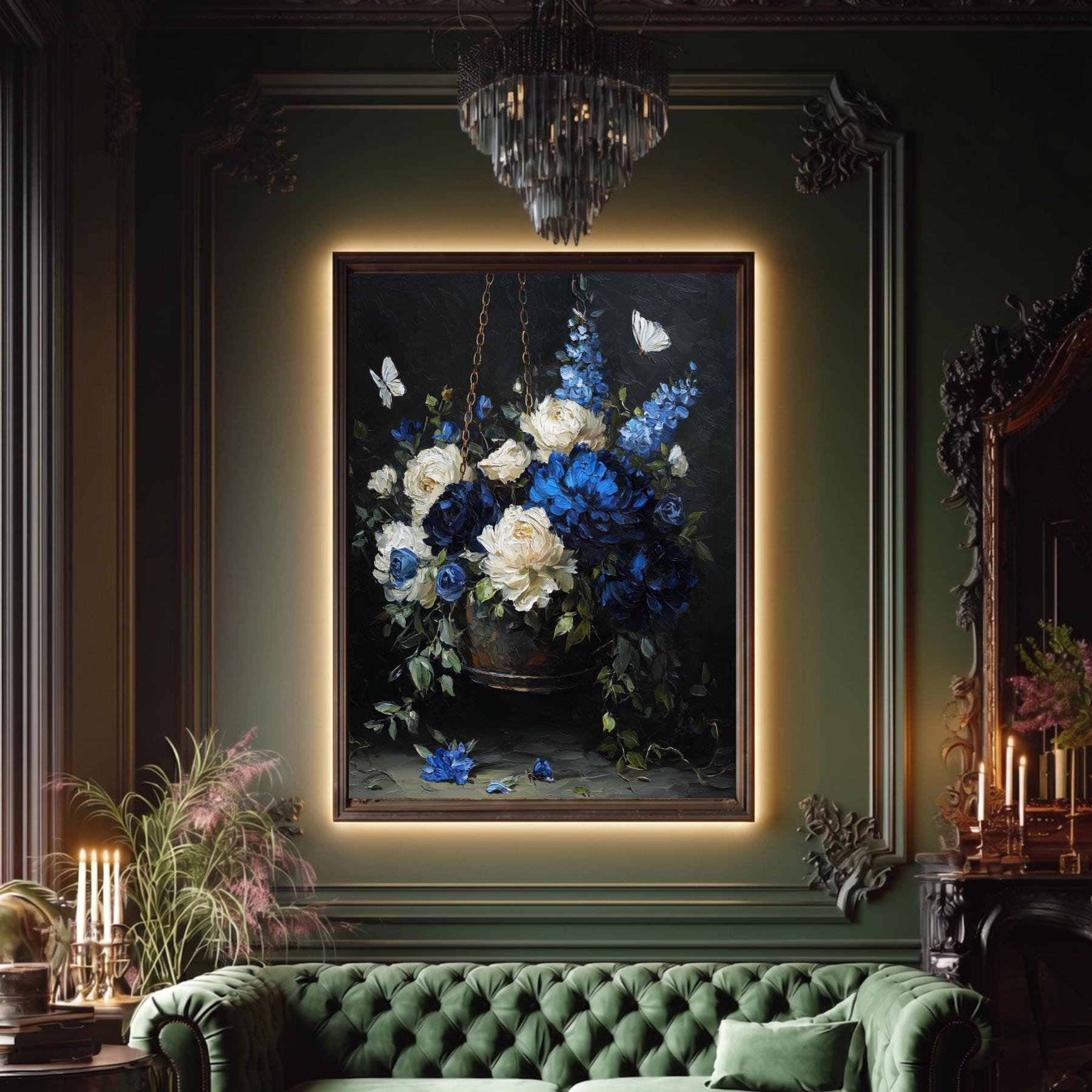 Blue and Cream Floral Hanging Basket Wall Art Print, Peonies Butterflies, Elegant Botanical Artwork