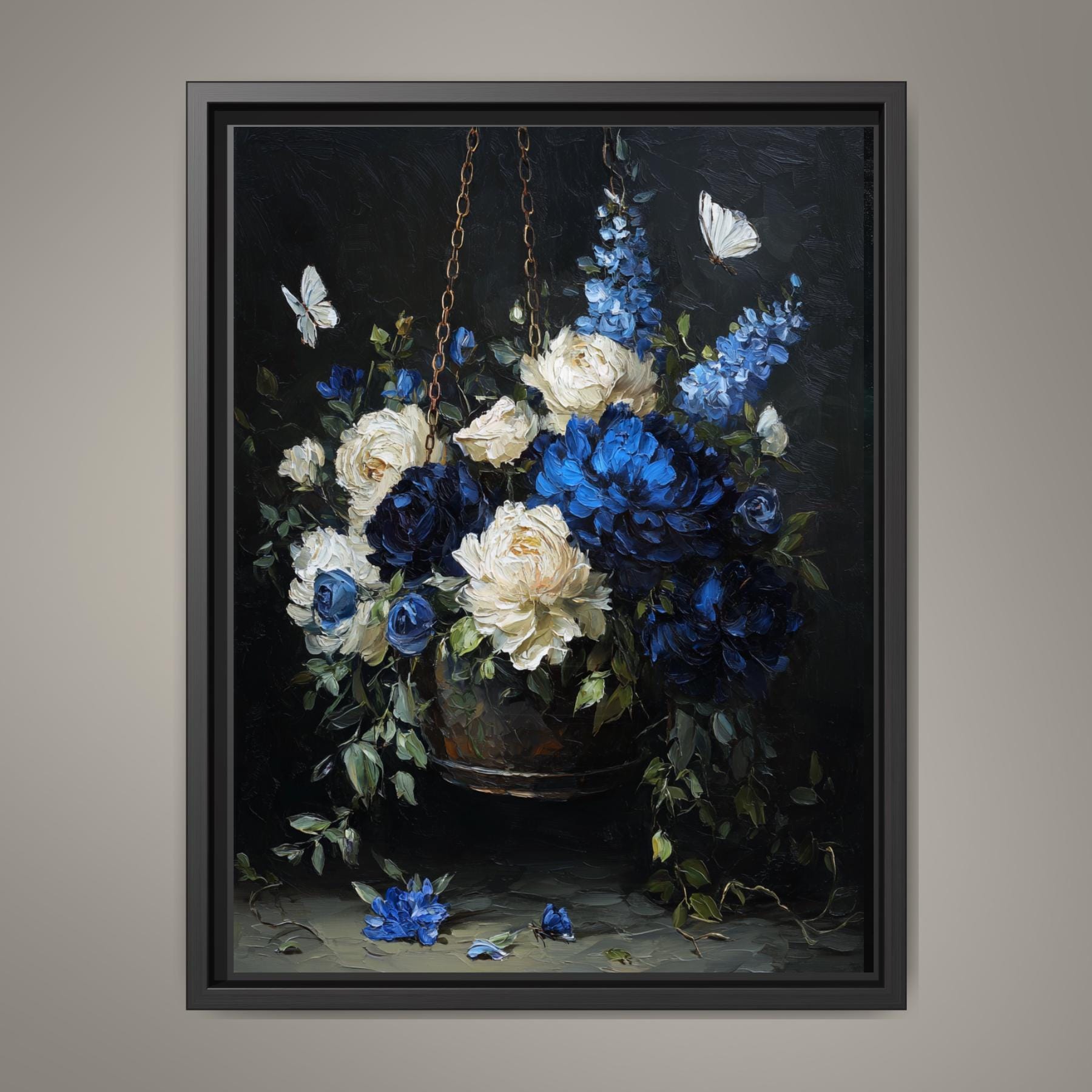Blue and Cream Floral Hanging Basket Wall Art Print, Peonies Butterflies, Elegant Botanical Artwork Main image