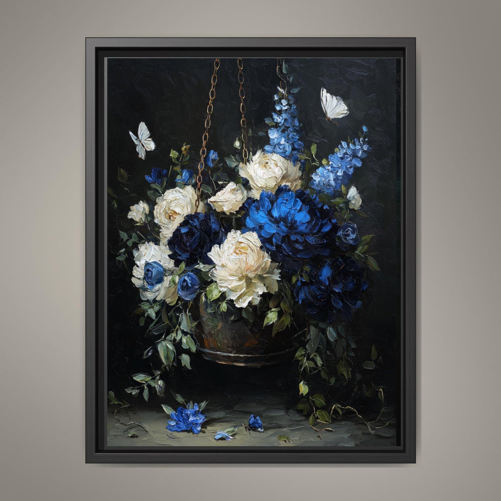 Blue and Cream Floral Hanging Basket Wall Art Print, Peonies Butterflies, Elegant Botanical Artwork