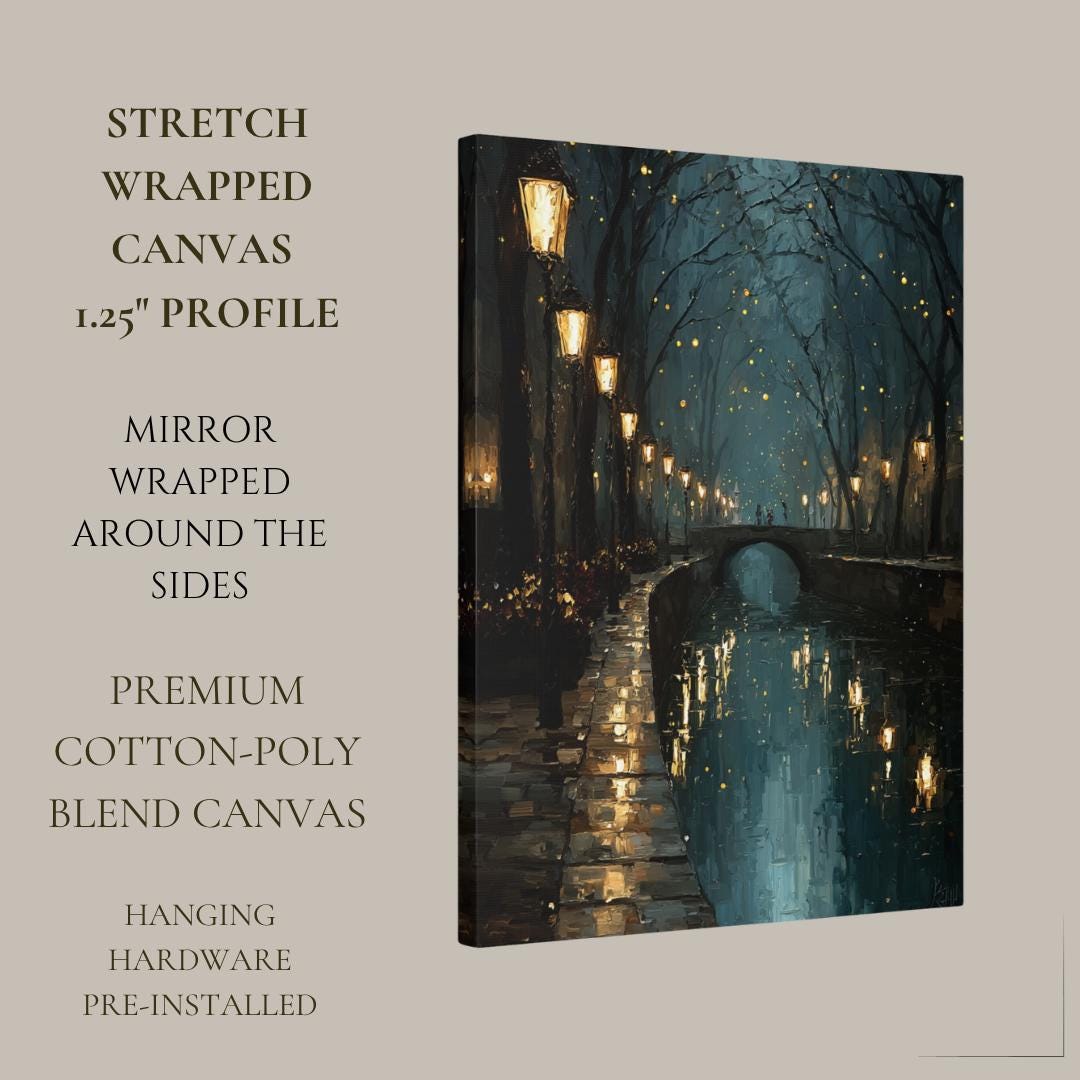 Teal Canal Tow Path Nighttime Scene Print Golden Lampposts Oil Painting Style Water Reflections