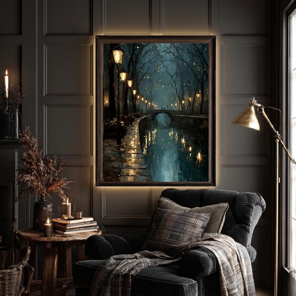 Teal Canal Tow Path Nighttime Scene Print Golden Lampposts Oil Painting Style Water Reflections