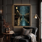 Teal Canal Tow Path Nighttime Scene Print Golden Lampposts Oil Painting Style Water Reflections