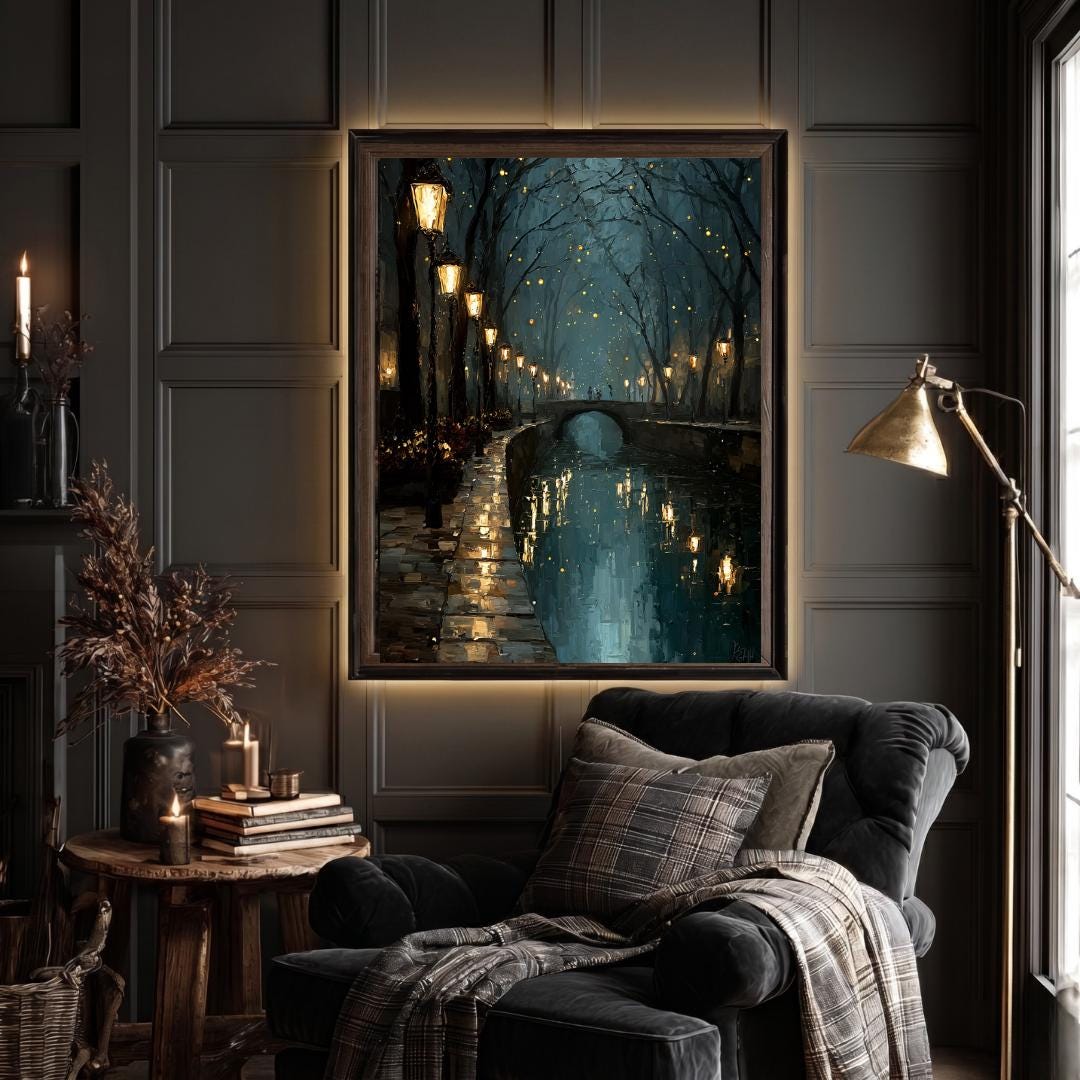 Teal Canal Tow Path Nighttime Scene Print Golden Lampposts Oil Painting Style Water Reflections