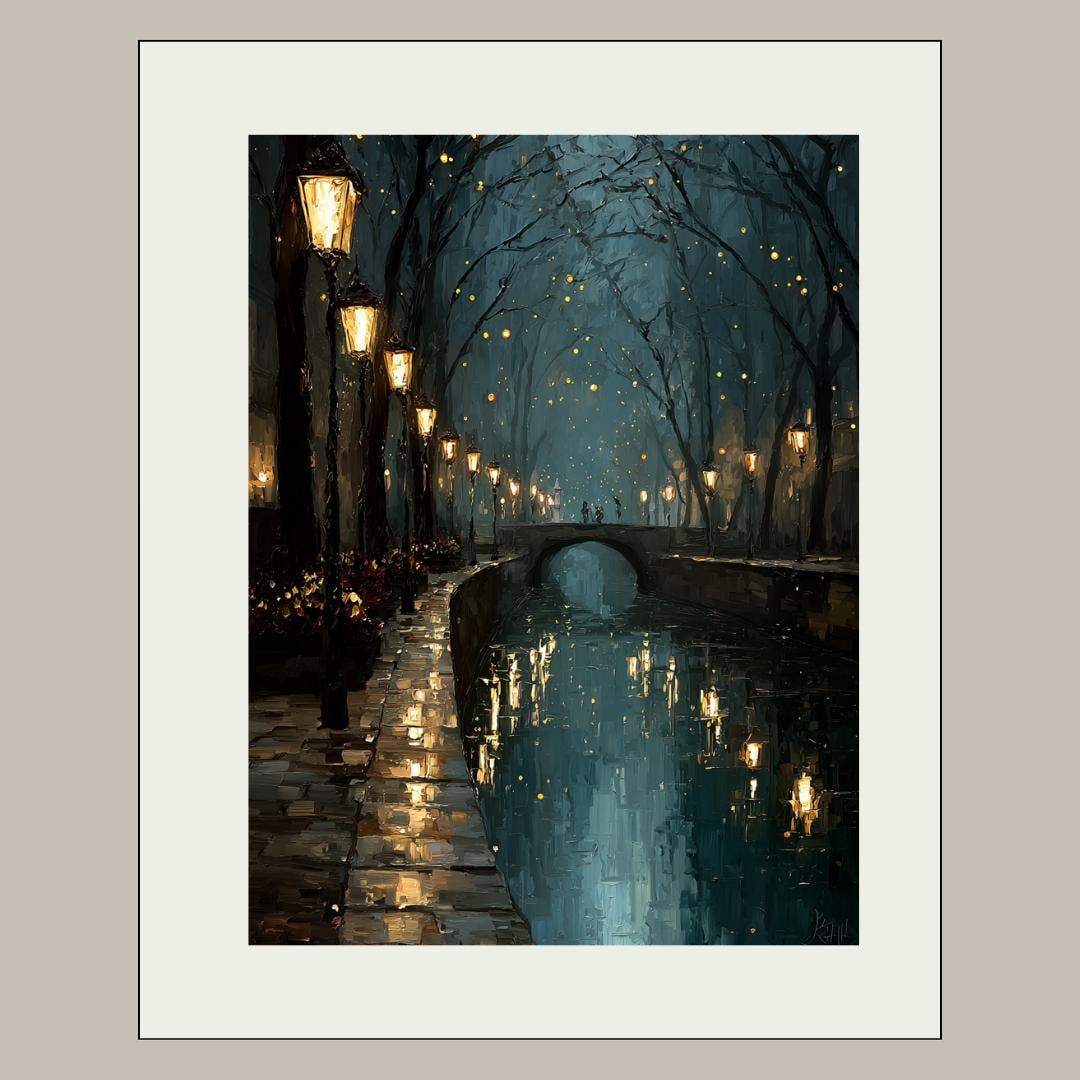 Teal Canal Tow Path Nighttime Scene Print Golden Lampposts Oil Painting Style Water Reflections