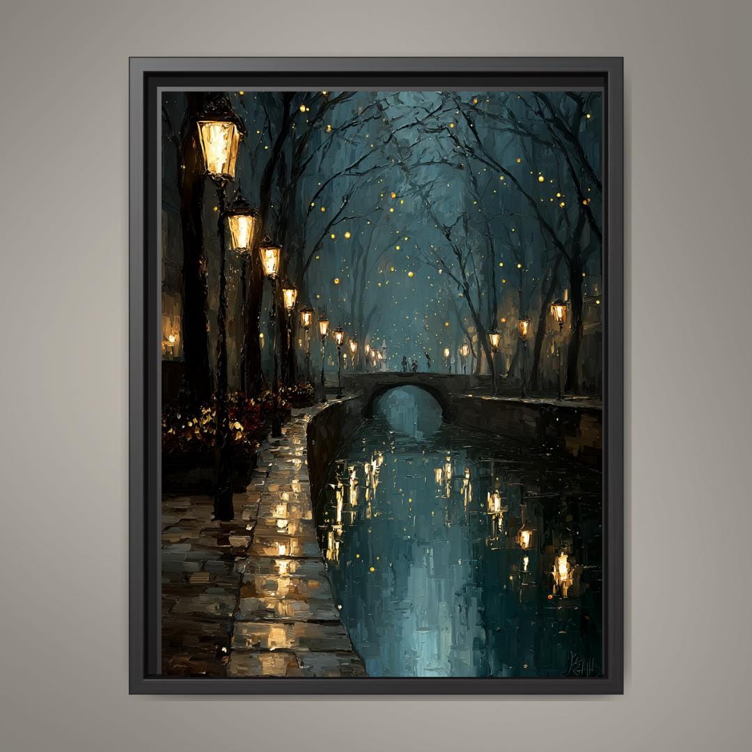 Teal Canal Tow Path Nighttime Scene Print Golden Lampposts Oil Painting Style Water Reflections Main image