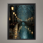 Teal Canal Tow Path Nighttime Scene Print Golden Lampposts Oil Painting Style Water Reflections