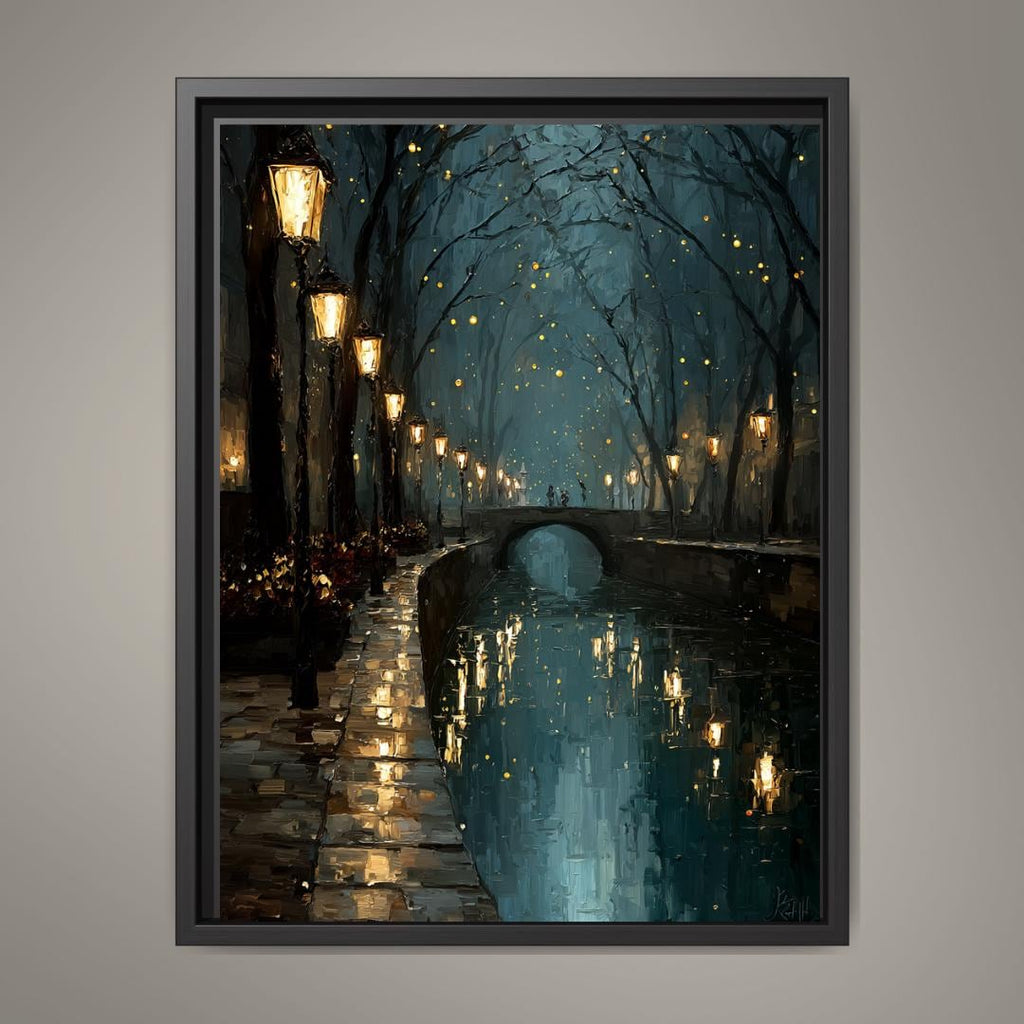 Teal Canal Tow Path Nighttime Scene Print Golden Lampposts Oil Painting Style Water Reflections