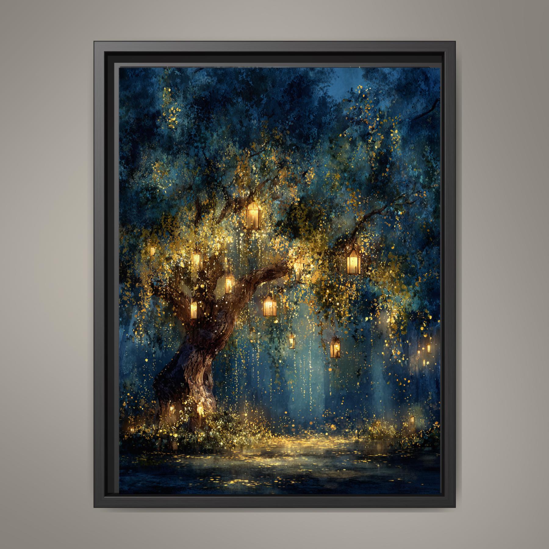 Firefly Lantern Tree Art Print Blue Sky Woodland at Night Magical Fairy Lights Painting,
