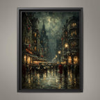 Rainy Night Cityscape Print: Moody Vintage Street Scene Wall Art