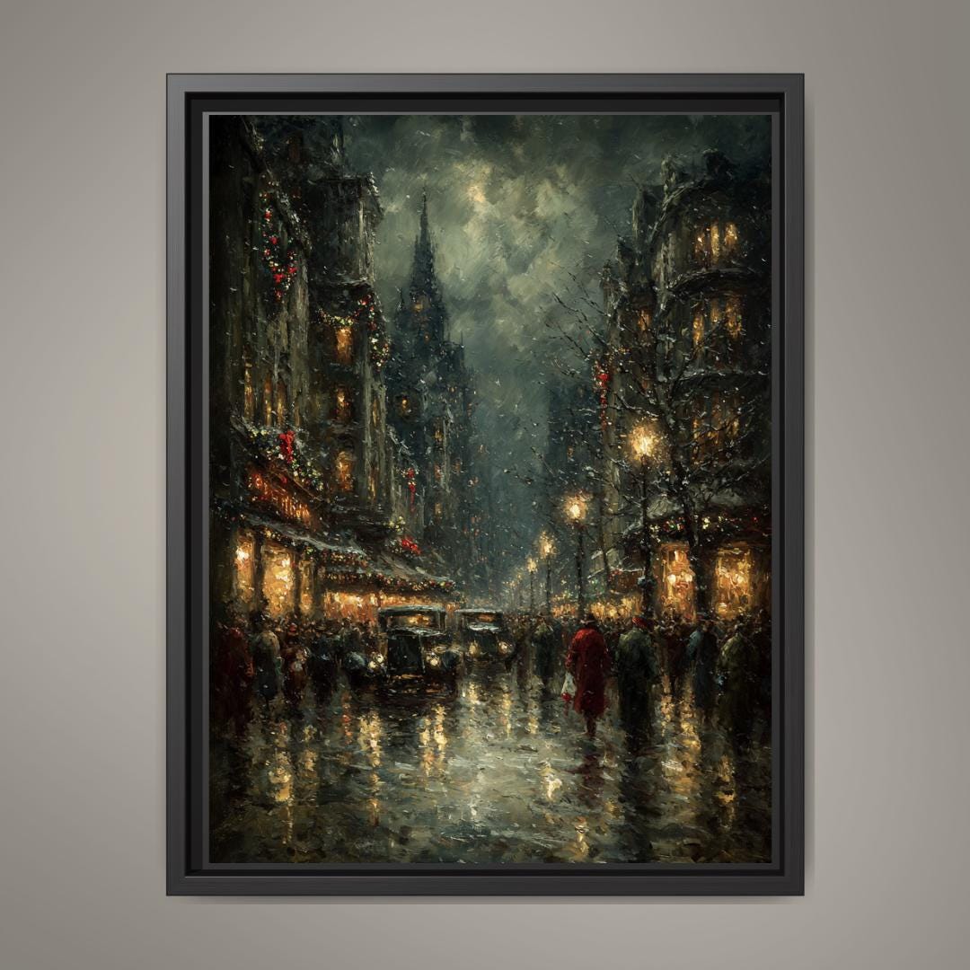 Rainy Night Cityscape Print: Moody Vintage Street Scene Wall Art