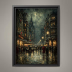 Rainy Night Cityscape Print: Moody Vintage Street Scene Wall Art