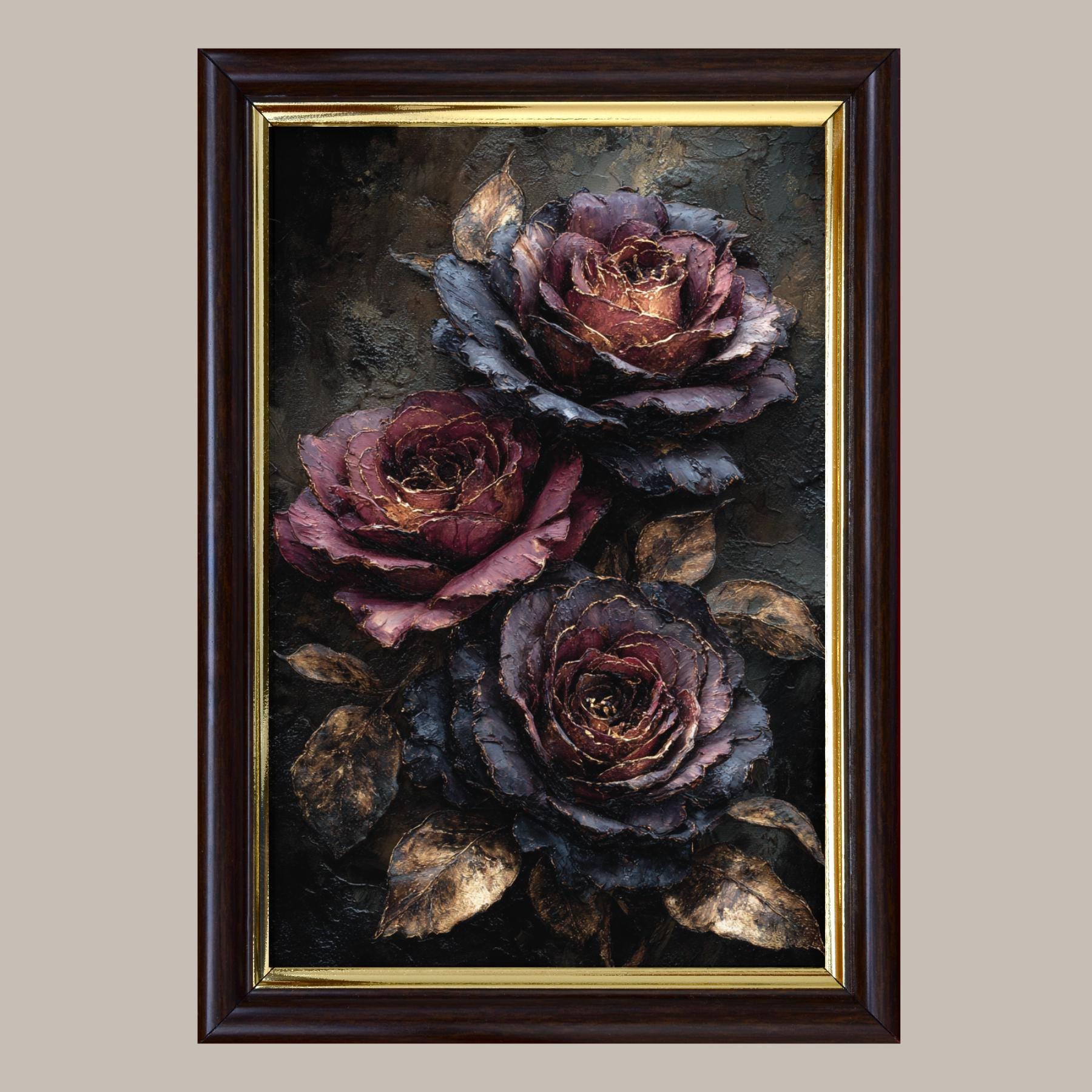 Dark Rose Wall Art, Gothic Floral Print, Moody Vintage Black and Gold Roses Decor Main image