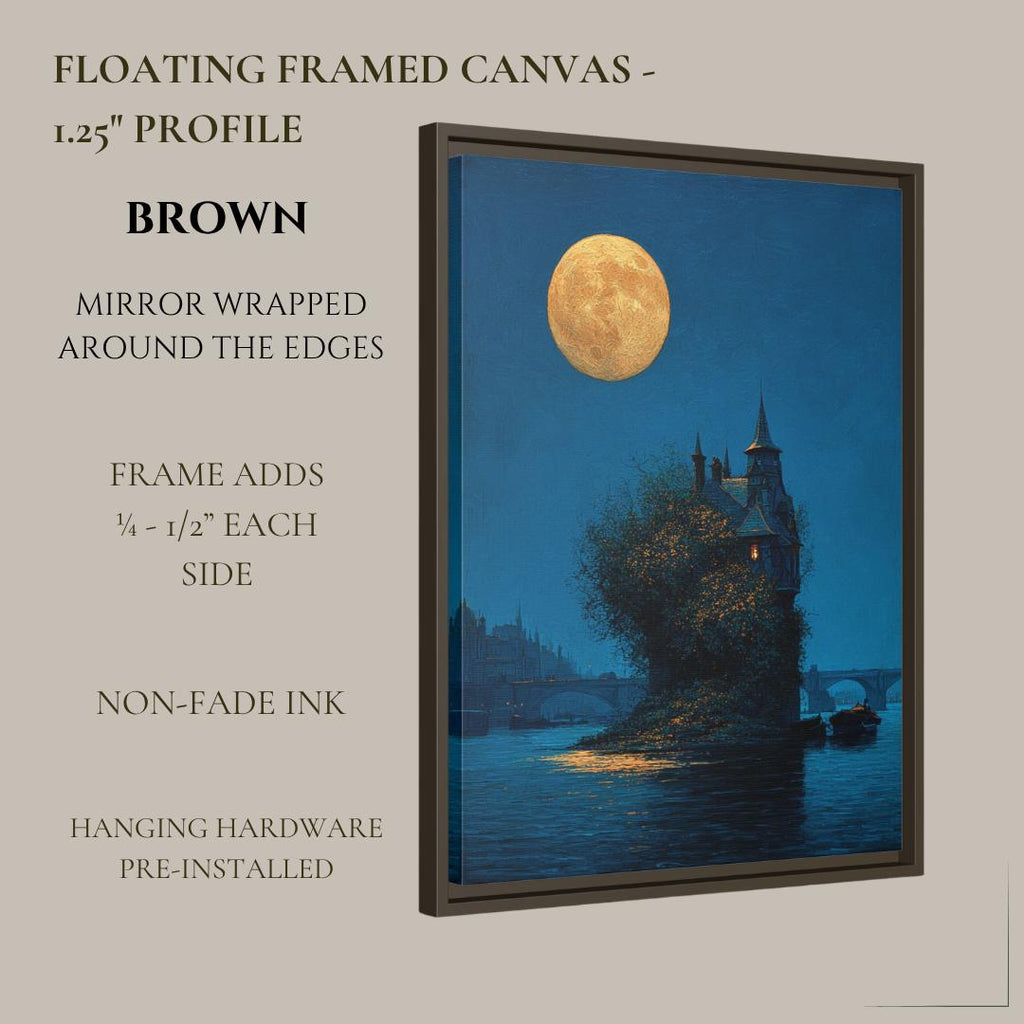 Moonlit Gothic House on River Thames Art Print, Victorian London Wallart, Nighttime Reflections Painting