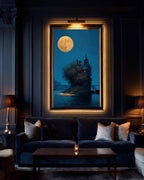 Moonlit Gothic House on River Thames Art Print, Victorian London Wallart, Nighttime Reflections Painting