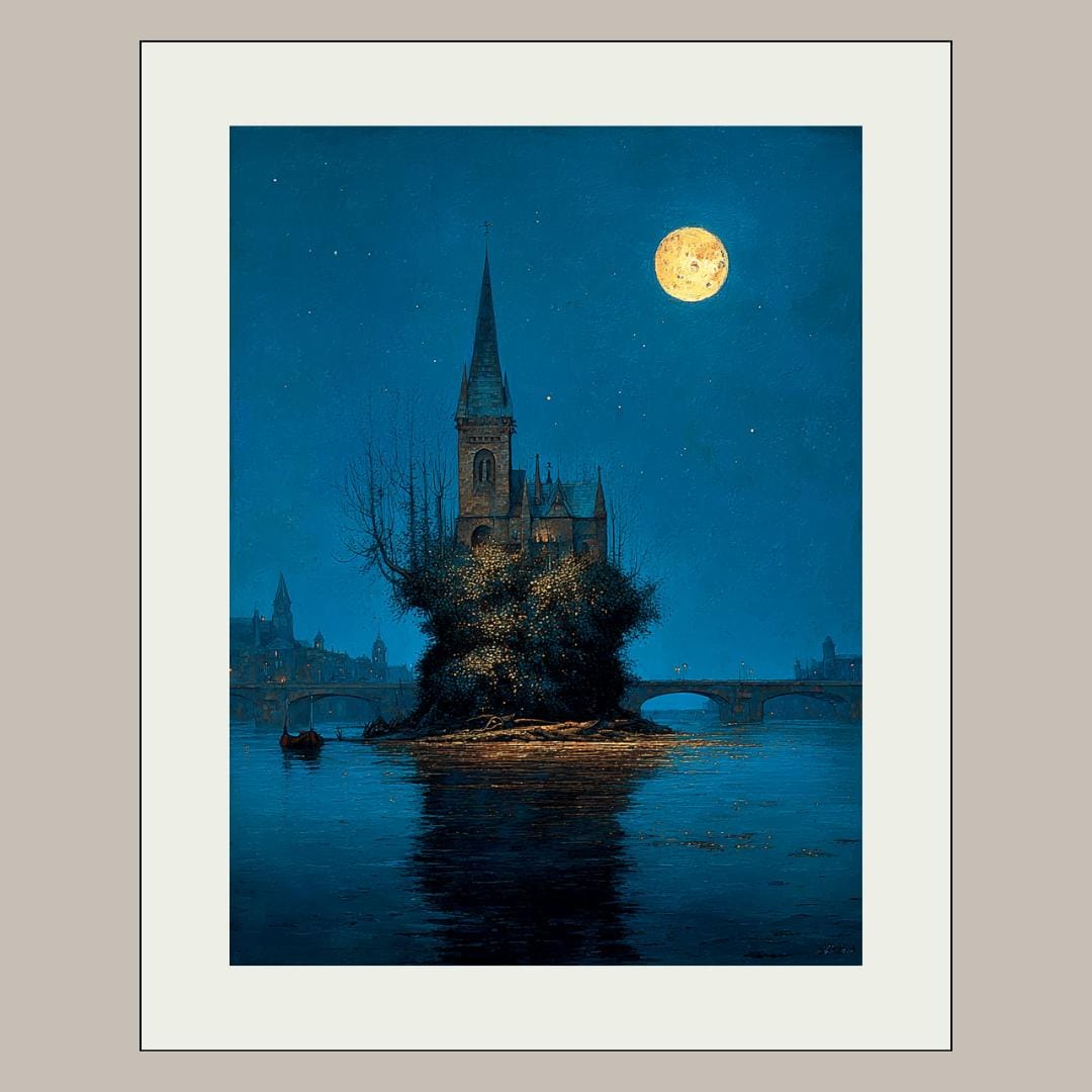 Moonlit Gothic Church Art Print, Victorian London River Wallart, Moonlight Reflections Painting