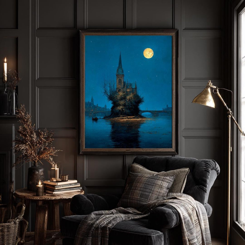Moonlit Gothic Church Art Print, Victorian London River Wallart, Moonlight Reflections Painting