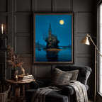 Moonlit Gothic Church Art Print, Victorian London River Wallart, Moonlight Reflections Painting