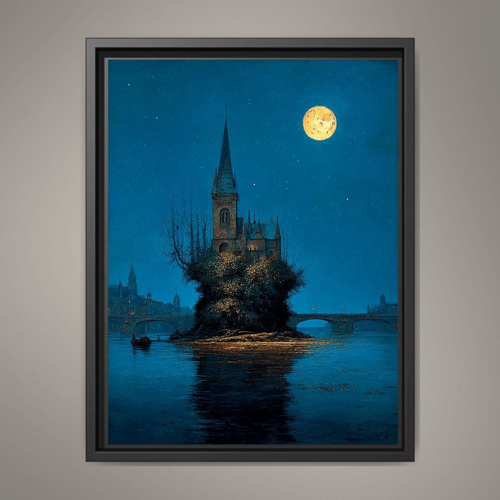 Moonlit Gothic Church Art Print, Victorian London River Wallart, Moonlight Reflections Painting