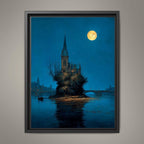 Moonlit Gothic Church Art Print, Victorian London River Wallart, Moonlight Reflections Painting