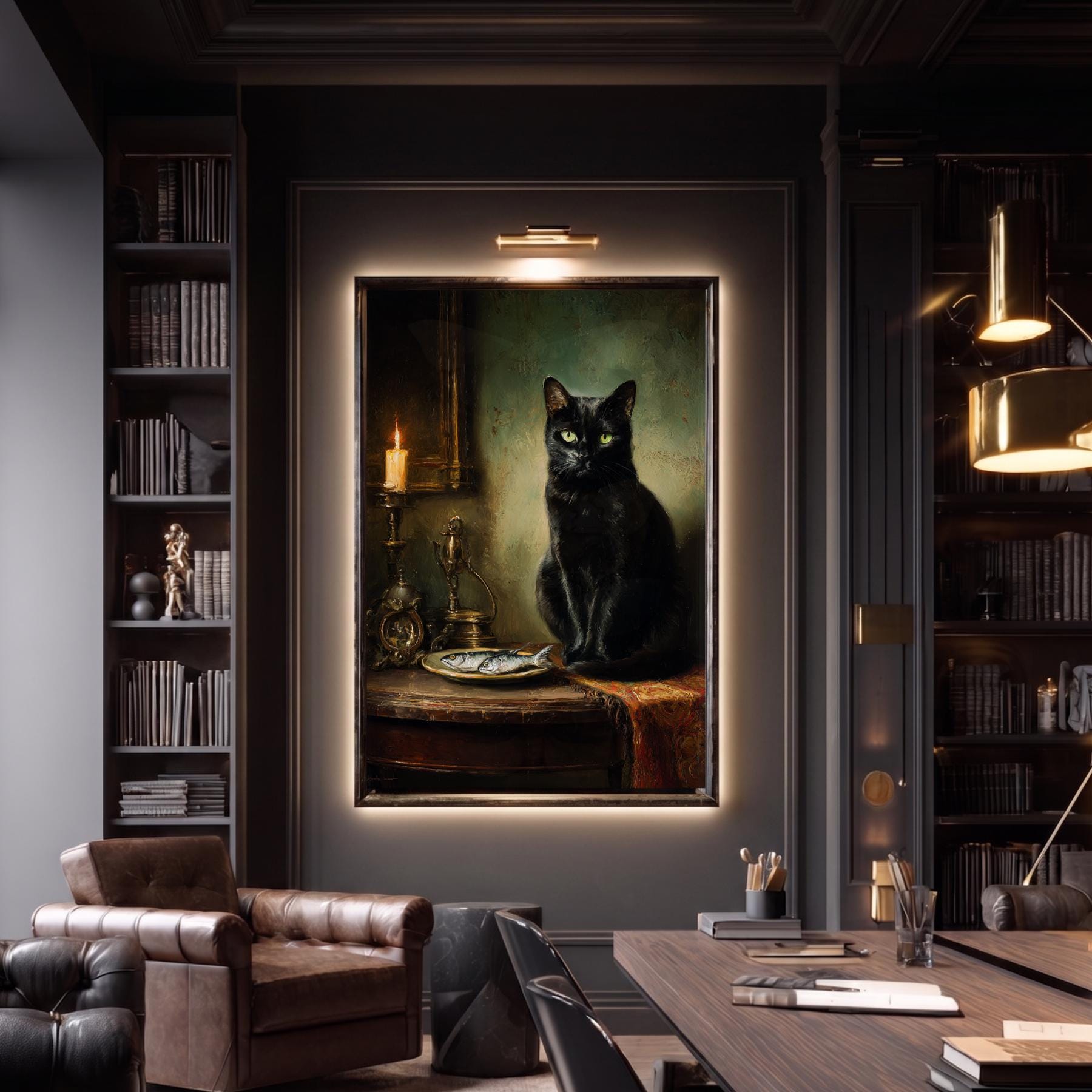Black Cat with Fish Wall Art Print, Vintage Witchy Painting, Animal Lover Gift