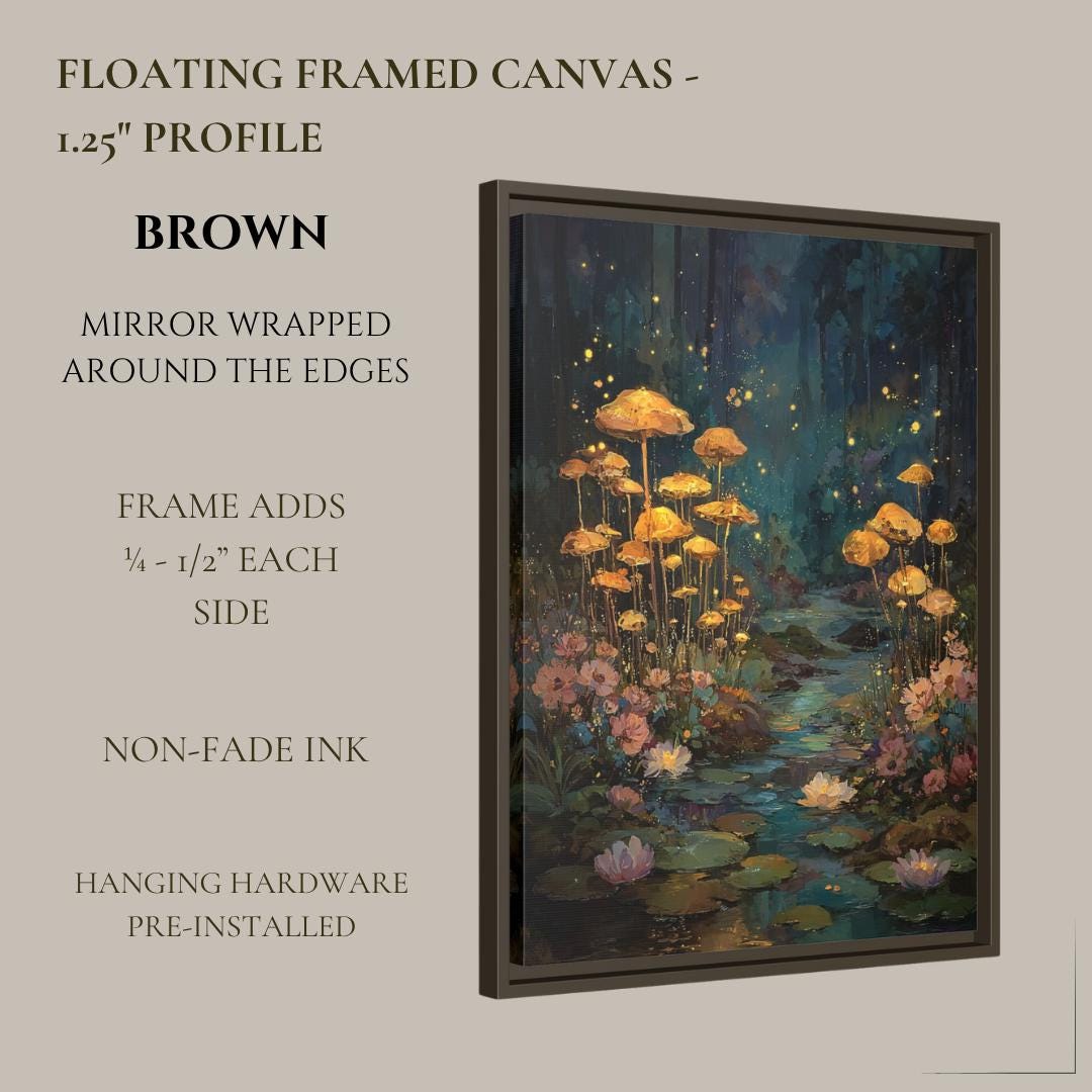 Whimsical Mushroom Forest Wall Art Print, Enchanted Woodland Fireflies Pond, Moonlit Fairycore Artwork Decor