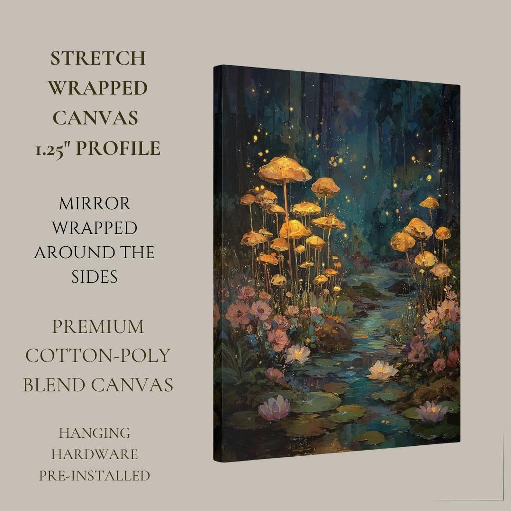 Whimsical Mushroom Forest Wall Art Print, Enchanted Woodland Fireflies Pond, Moonlit Fairycore Artwork Decor