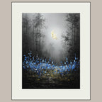 Moonlit Forest Wall Art Print, Bluebells Wildflower Landscape, Silhouette Trees Woodland Decor