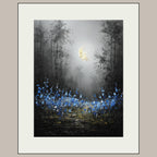 Moonlit Forest Wall Art Print, Bluebells Wildflower Landscape, Silhouette Trees Woodland Decor