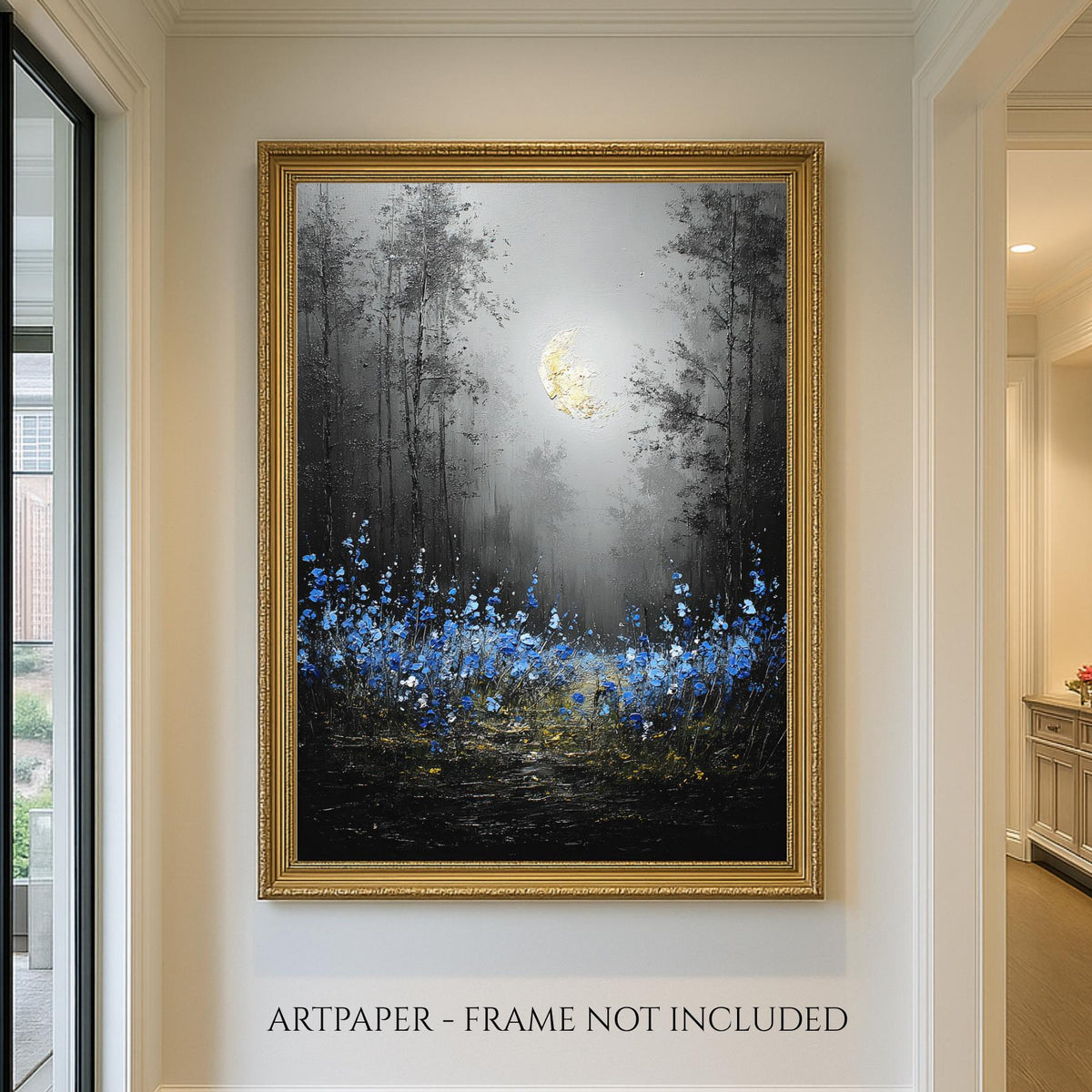Moonlit Forest Wall Art Print, Bluebells Wildflower Landscape, Silhouette Trees Woodland Decor