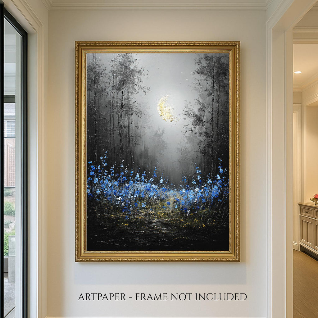 Moonlit Forest Wall Art Print, Bluebells Wildflower Landscape, Silhouette Trees Woodland Decor