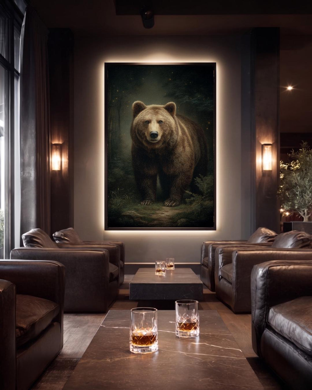 Brown Bear Wall Art Print, Moody Woodland Animal Painting, Rustic Forest Nature Decor Artwork