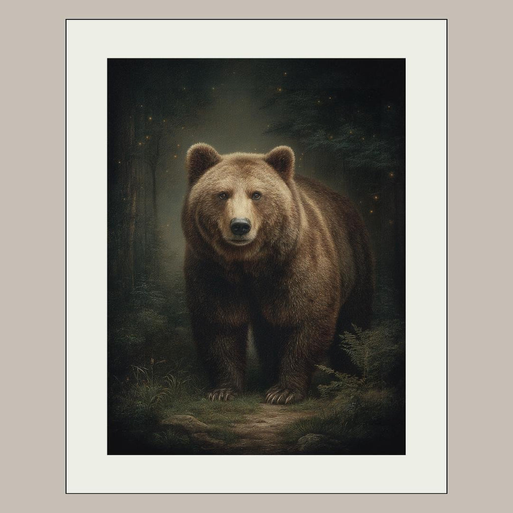 Brown Bear Wall Art Print, Moody Woodland Animal Painting, Rustic Forest Nature Decor Artwork