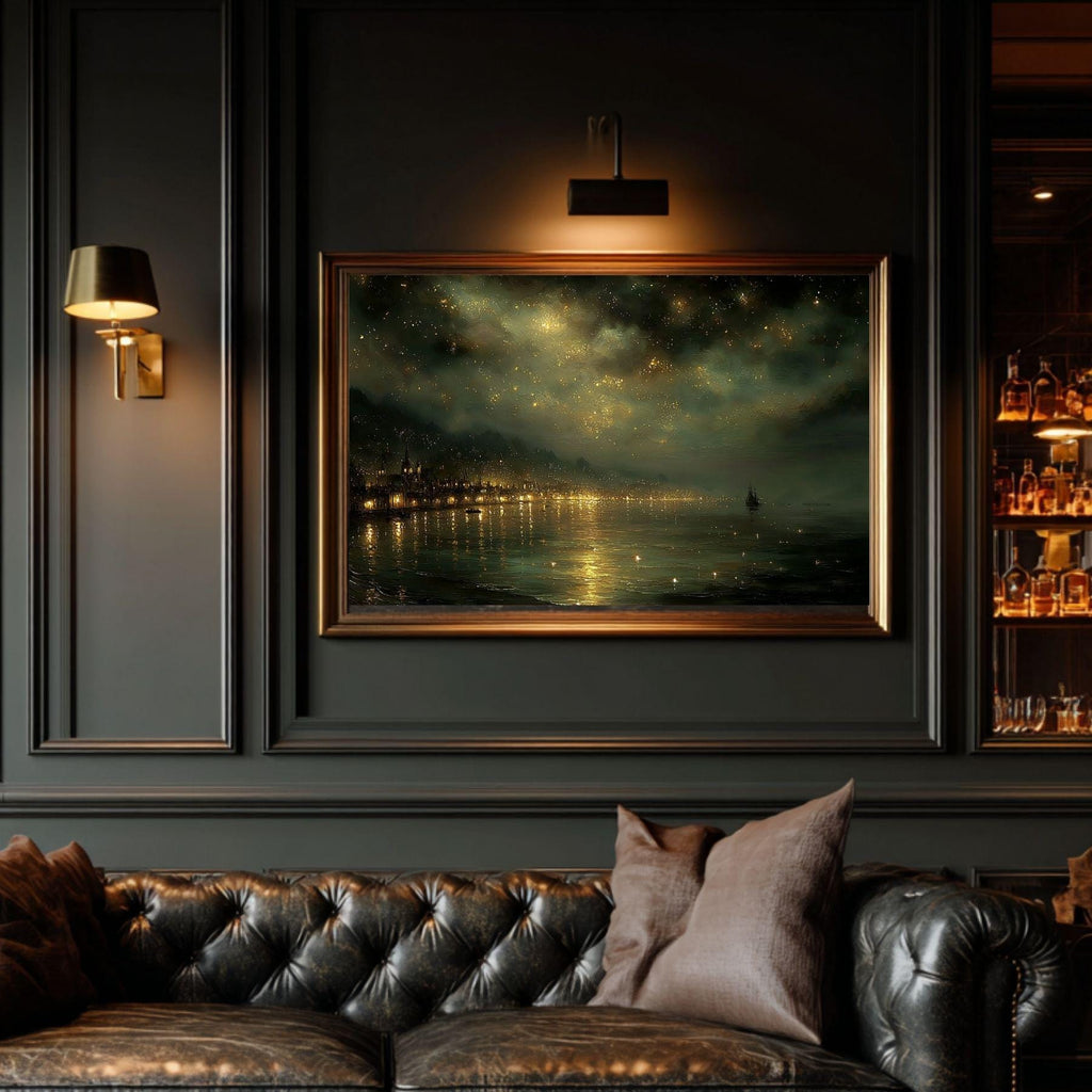 Harbour Seascape Wall Art Print, Dark Coastal Nighttime Landscape, Gold Night Sky Decor