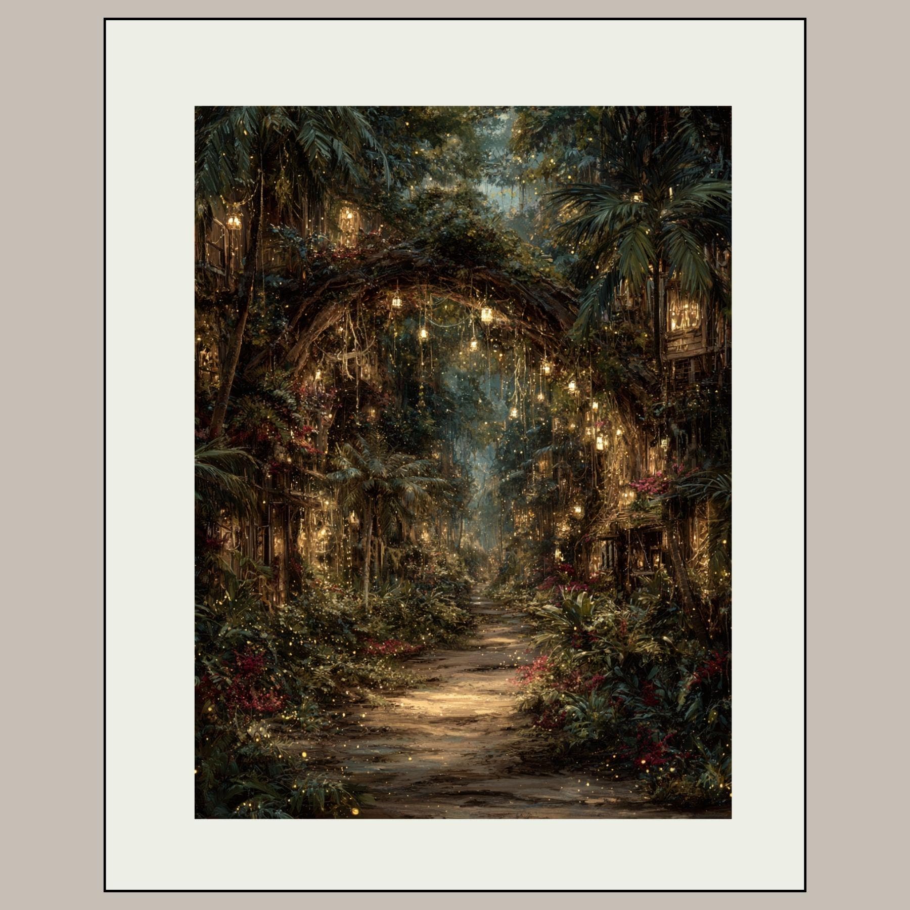Enchanted Jungle Forest Path Wall Art Print Hanging Lanterns Moody Fairytale Woodland